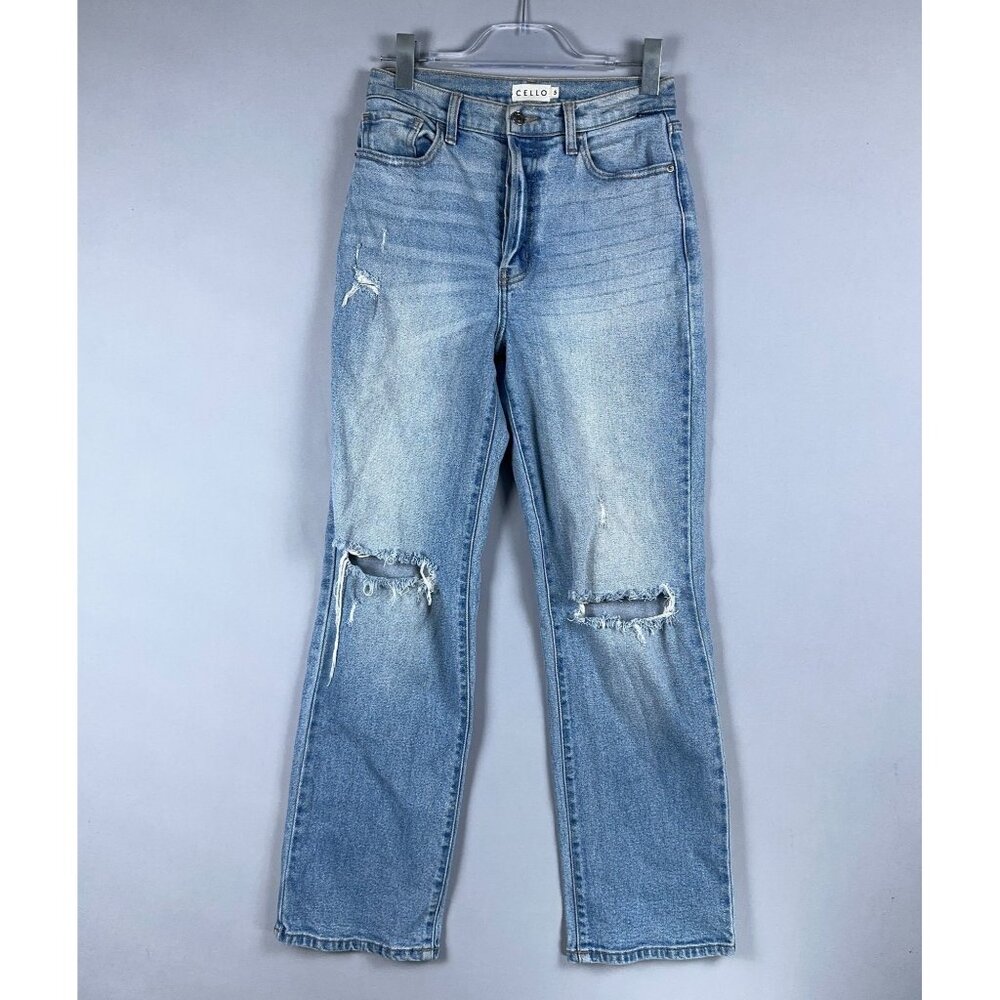 Cello Jeans Straight Leg Womens Size 5 High Rise Distressed Light Wash Blue